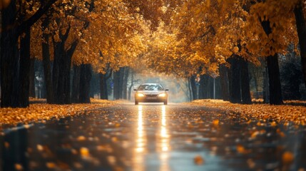 Poster - A car drives down a road in a forest. The trees are covered in yellow leaves and the road is wet from rain. The car's headlights shine brightly through the trees.