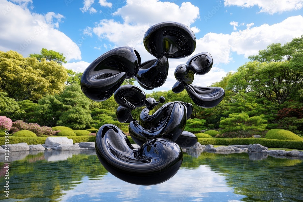 Digital 3D animation of ink forming calligraphy characters in mid-air ...