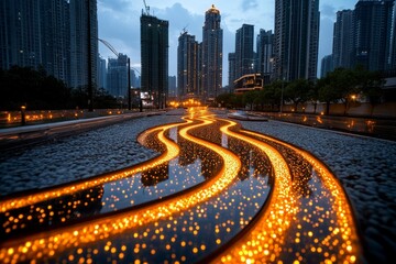 Aufkleber - Fiber optic cables running under a city, with glowing strands of light symbolizing the flow of data that powers modern communications, from TV streaming to internet services