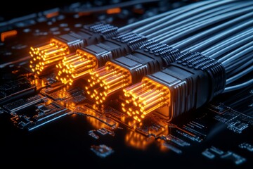 Aufkleber - Hyper-realistic close-up of fiber optic cables, with the glowing light strands in vivid detail, showing the intricacy of modern data transmission that powers streaming media