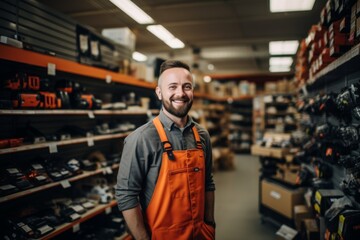 Wall Mural - Portrait of a happy salesman standing in hardware store