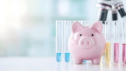 Financial Innovation Piggy Bank in Scientists Lab with Test Tubes and Microscope - Bright Studio Lights Illuminate Creative Savings Concepts