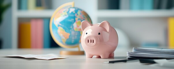 Piggy Bank Travel Agent Exploring Financial Adventures with Globe Maps and Tickets - A Creative Representation of Saving for Travel