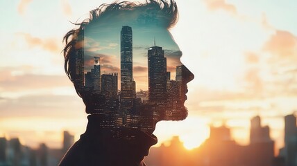 A man in a turtleneck sweater, urban landscape and sunset in the distance close up, focus on, copy space, soft light with pastel tones, double exposure silhouette with skyscrapers