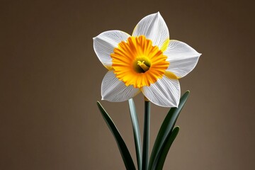 Poster - Minimalist design of a single Narcissus flower, with its trumpet and petals in simple yellow and white lines, placed against a neutral background