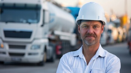 Construction Worker in Hard Hat with Blurred Semi-Truck Background