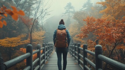 Poster - A hiker walks alone on a wooden bridge, flanked by vibrant autumn leaves in shades of orange and yellow.