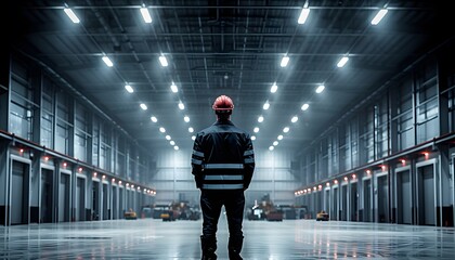 Industrial worker in protective gear standing near factory.