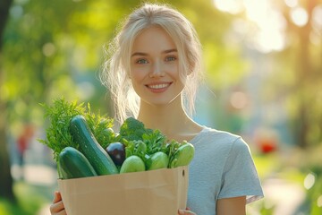 happy woman holding paper eco shopping bag with fresh vegetables on market