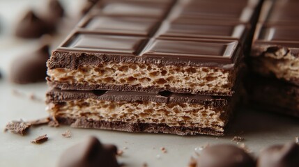 A close-up of a broken chocolate wafer block, showcasing the texture of its crispy wafer layers and chocolate.