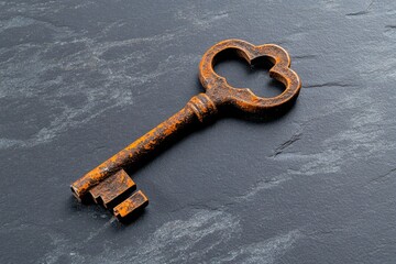 Simple outline of an old rusted metal key, with minimal details suggesting the worn surface and corroded edges, creating a symbol of forgotten history and mystery