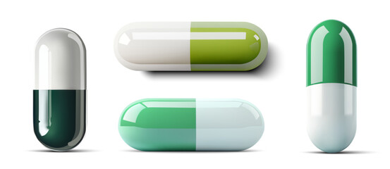 A detailed 3D vector of various capsules in green and white tones. These pills are isolated on a clean background, symbolizing modern pharmaceutical solutions, healthcare, and medical treatment.