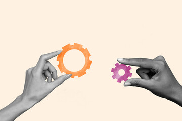 Wall Mural - creative collage picture hands body fragments cogwheel teamwork cooperation organization business st