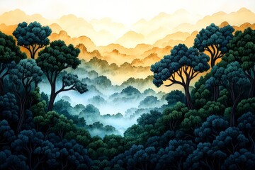 Poster - Watercolor painting of a misty European forest at dawn, with soft washes of green and blue blending into the golden light filtering through the trees, creating a peaceful and magical scene