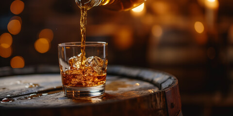 Pouring Whiskey in Glass with Ice on Rustic Barrel in Cozy Ambient Lighting