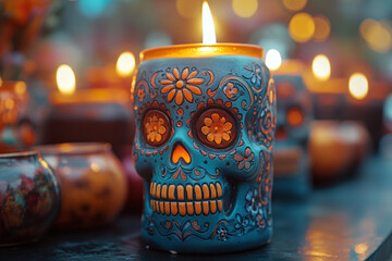 Close-up of a Dia de Muertos themed candle with skull motifs.