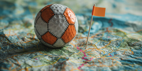 Golf Soccer Ball on a Map with Orange Flag Marker