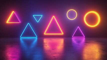 Glowing neon lights in geometric shapes, abstract reflections, bold colors, futuristic aesthetic perfect for vibrant electronic party designs