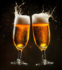 two glasses of beer with foam on dark background, isolated mug