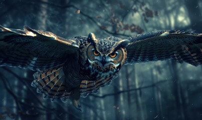 Fierce owl swooping down in a dark forest, 4K hyperrealistic photo.