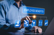 © Supatman - Employee Benefits and Compensation Strategy Concept. Employee benefits options on digital interface. Icons various benefits such as healthcare, insurance, travel, awards, dining, and financial perks.