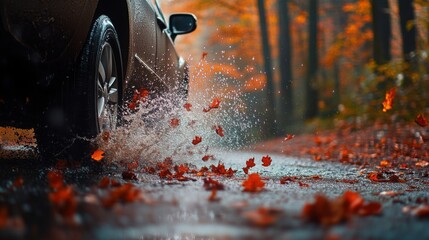Poster - A vehicle travels along a wet road surrounded by trees, creating a spray of water and vibrant autumn leaves. The scene captures the beauty of fall with rich colors and a rainy ambiance.