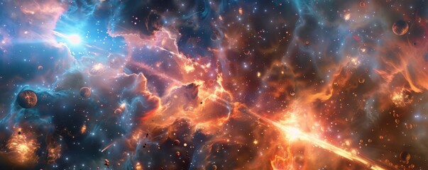 Wall Mural - celestial battle scene with glowing plasma bursts and pulsating star clusters, 4k hyperrealistic pho