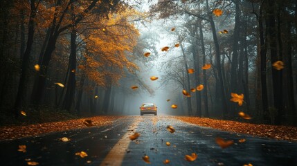 Poster - A car drives cautiously down a quiet road surrounded by trees, with vibrant autumn leaves scattered on the wet pavement, all shrouded in a soft morning mist that enhances the tranquil atmosphere.
