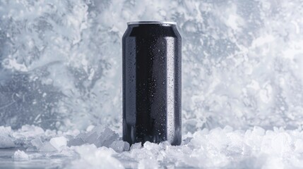 blank black aluminum can, crushed ice background with copy space