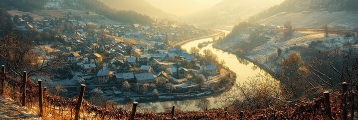 Canvas Print - A serene village rests by a gentle river, blanketed in snow, with sunlight streaming over the hills during a peaceful winter morning, highlighting the beauty of nature