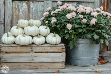 Poster - White pumpkins are stacked in a wooden crate next to a vibrant pot of pink chrysanthemums, creating a cozy autumn atmosphere in a rustic setting