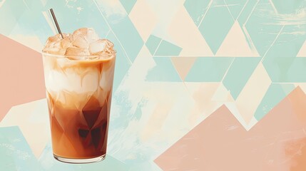 Poster - Iced coffee with a geometric patterned background in pastel tones 