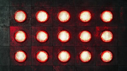 Leinwandbilder - A grid of bright red circular lights is mounted on a dark wooden backdrop, casting a striking and bold appearance in a dimly lit environment