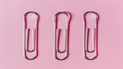 Three silver paper clips arranged neatly on pink background create simple yet striking visual. Their metallic shine contrasts beautifully with soft color, evoking sense of organization and