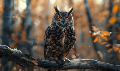 Majestic owl perched on a branch, 4K hyperrealistic photo