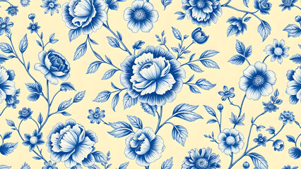 Intricate blue floral design with blooming flowers and foliage, Generative AI