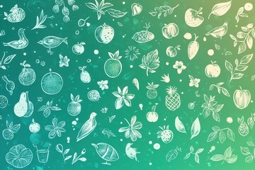 Poster - A collection of intricate hand-drawn illustrations showcasing a variety of fruits, flowers, and birds fills the space with vibrant designs on a gradient backdrop