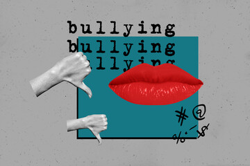 Wall Mural - Composite photo collage of sad faceless female mouth lips society rate thumb down bullying problem hate isolated on painted background