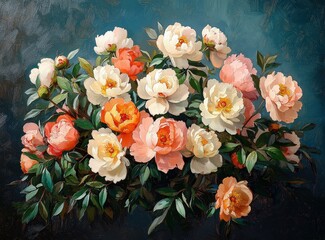 Poster - A lush arrangement of peonies showcases delicate blooms in peach and cream hues, complemented by rich green leaves and a textured blue-green backdrop