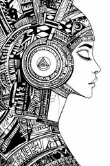 Poster - This artwork features a woman in profile with headphones, surrounded by elaborate geometric shapes and patterns, emphasizing creativity and technology