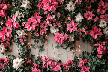 Canvas Print - A stunning arrangement of pink and white flowers combines with lush greenery and delicate fairy lights, creating a vibrant and festive atmosphere for any event