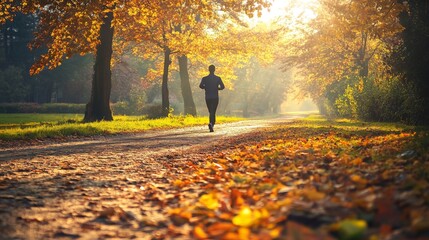 Poster - A runner enjoys an invigorating jog on a serene path blanketed with fallen leaves. The warm light of sunset creates a beautiful atmosphere amidst the colorful autumn trees.