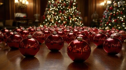 Poster - A multitude of shimmering red ornaments lies on a polished wooden surface, surrounded by beautifully lit Christmas trees in an elegant setting
