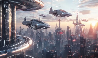 Wall Mural - futuristic cityscape with flying cars, 4k hyperrealistic photo