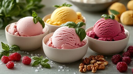 a delightful image of ice cream and sorbet scoops displayed in elegant bowls, paired with savory gar