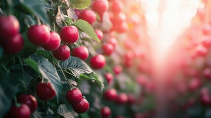 Poster - Red ripe tomatoes hang on vines illuminated by bright lights in a contemporary greenhouse, showcasing agricultural innovation and growth