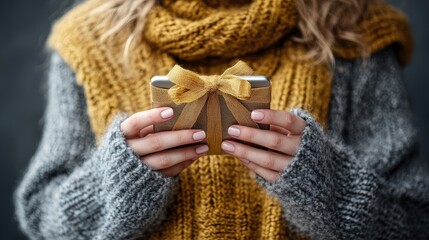 Poster - Warmly dressed, an individual holds a small gift adorned with a ribbon, radiating joy and the spirit of giving during the festive season