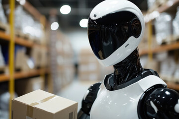 AI Robot Handling Package in Modern Warehouse Environment, AI robot carrying a package in a warehouse, illustrating the use of robotics in logistics, inventory management, and automation.

