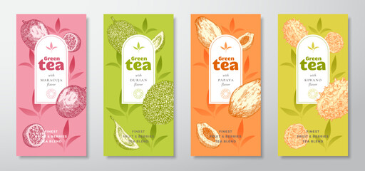 Wall Mural - tea labels vector set. fruit and berries tea packaging design layouts bundle. modern typography, han