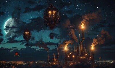 Wall Mural - mechanical marvels of the sky, steampunk balloons glowing in the moonlit night, 4k hyperrealistic ph